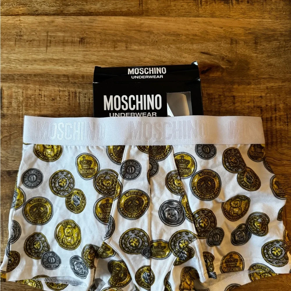 Moschino White and Gold Coin Print Boxer briefs trunks logo waistband men’s XS